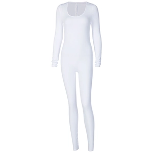 Slim fit long sleeve white bodysuit jumpsuit for women featuring stretch fabric design