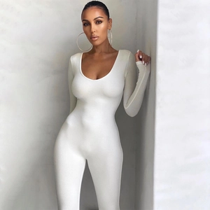 Side view of white long sleeve bodycon jumpsuit showing high elasticity ribbed fabric