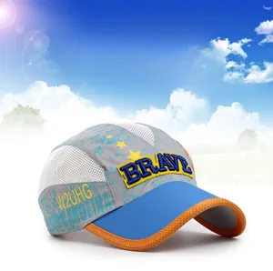 Detail view of breathable quick-dry mesh cap for kids with Brave embroidery and color blocking