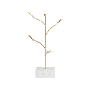 Nordic tree jewelry stand with gold metal branches and terrazzo base for necklaces