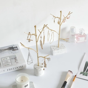 Nordic gold branch jewelry stand with terrazzo base for earring and necklace display