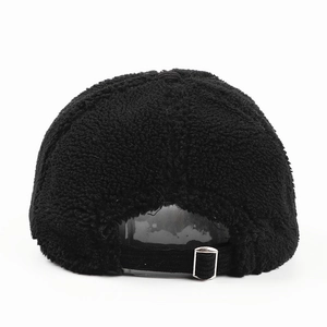 Rear view of black lambswool baseball cap with adjustable metal buckle and strap