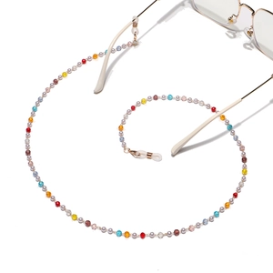 Colorful handmade crystal bead eyewear chain with pearls and gold wire connectors