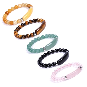 Natural Stone Bracelet With Stainless Steel Accessories Curved Tube Bar Round Beads Bohemian Healing Jewelry For Unisex