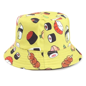 Yellow bucket hat featuring colorful Japanese sushi and food illustrations on canvas fabric