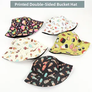 Detailed display of five colorful reversible sun hats with ice cream and floral prints