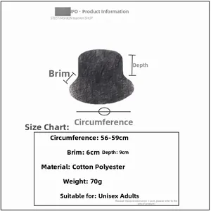 Size chart showing dimensions for ice cream print bucket hat in cotton polyester