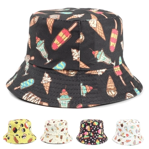 Reversible Bucket Hat Cotton Polyester Cartoon Ice Cream Cake Print Sunshade Breathable Summer Outdoor Casual Unisex