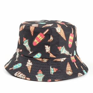 Close-up of black cotton bucket hat featuring colorful cartoon ice cream pattern prints