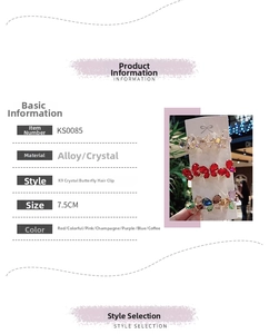 Detail view of colorful K9 crystal butterfly hair clip with alloy spring clamp mechanism