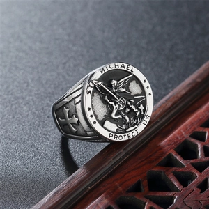 Silver vintage Saint Michael the Archangel signet ring in stainless steel for men