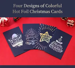 Detail of four navy Christmas cards with iridescent foil stamping and festive designs