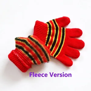 Toddler winter knit gloves in red and yellow stripes with thick warm fleece lining
