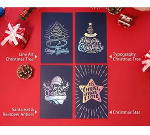 Detail of four navy blue Christmas cards with silver laser foil trees on a festive red background