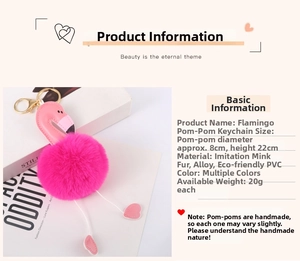Detail view of pink flamingo pompom keychain with material specs and 8cm diameter size