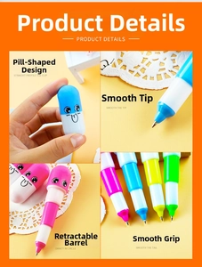 Detail of mini pill-shaped retractable ballpoint pens with cute faces and smooth tips