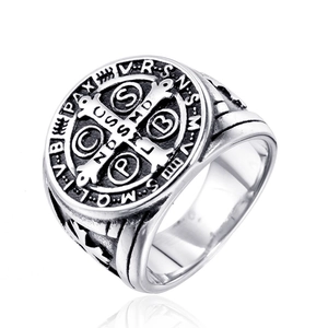 Vintage stainless steel St. Benedict Medal cross ring with a polished antique silver finish