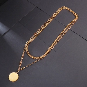 Double Layer Necklace With Round Tag Pendant 316L Stainless Steel Paperclip And Cuban Chain Hypoallergenic Jewelry