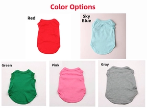Detailed color selection of cotton pet t-shirts in red, blue, green, pink, and gray