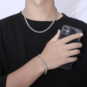 Men's titanium steel link chain bracelet and necklace set in silver punk style