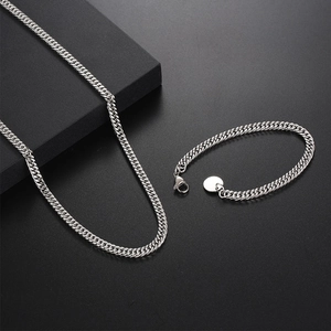 Minimalist silver titanium steel jewelry set featuring a cuban link necklace and bracelet