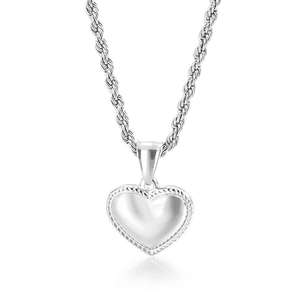 Minimalist silver heart pendant necklace with twist chain and textured edge detail