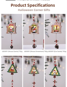 Detail view of 6 types of glowing wooden Christmas ornaments with festive LED lights
