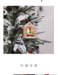 Macro detail of wooden Christmas house ornament with LED light and Santa print on a tree