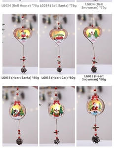 Detail of wooden LED Christmas ornaments with heart shape and rustic pine cone pendants