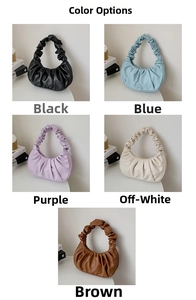 Cinq couleurs de sacs à bandoulière froncés type croissant : noir, bleu, violet, beige, brun