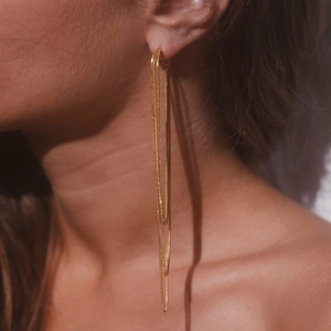 Elegant gold fringe chain earrings with layered tassel design worn by a model