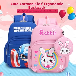 Close-up of Marvel Captain America and cute Rabbit themed school bags with mesh side pockets