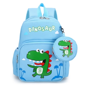 Blue dinosaur cartoon school backpack for kids with matching coin purse on white background