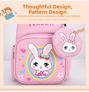 Detailed view of pink school bag with cute rabbit pattern and round matching coin purse