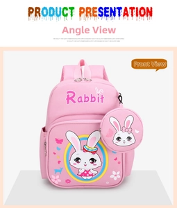 Detailed view of pink school backpack with rabbit print and matching round coin purse