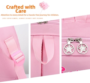 Detail of pink schoolbag showing star-shaped metal zipper pulls and adjustable straps