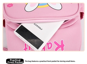 Close-up of pink schoolbag front zipper pocket showing practical storage space for kids