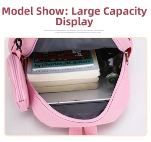 Interior view showing the large storage capacity of the pink ergonomic school backpack