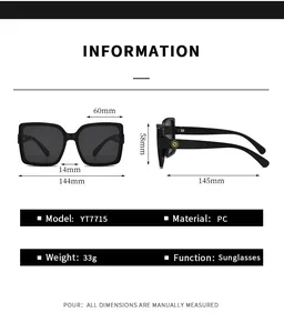 Detailed size chart for square sunglasses showing 60mm lens width and 144mm total frame width