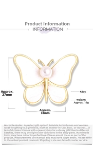Detail view of alloy butterfly brooch with pearl center and 38x27mm size dimensions