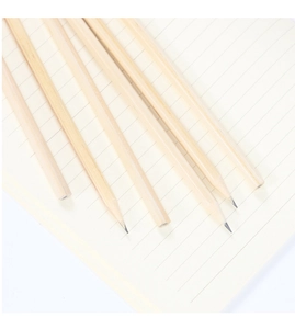 Top view of natural wood hexagonal HB pencils scattered on a lined paper notebook