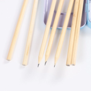 Set of eight hexagonal natural wood pencils featuring sharpened and unsharpened tips