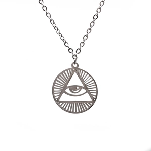 Titanium steel silver necklace with all-seeing eye pendant against a white background