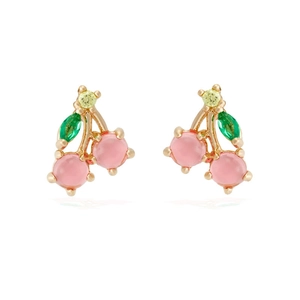 Pink cherry stud earrings with green leaf stones and gold finish for women