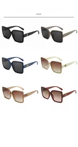 Detailed grid showing square sunglasses with quilted textured arms and metal logo accents