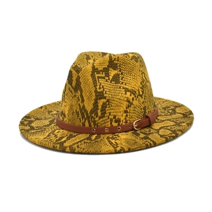 Classic fedora hat with yellow and black snakeskin pattern and leather buckle band