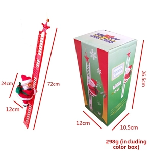Detailed dimensions of electric climbing Santa Claus toy on red ladder with packaging