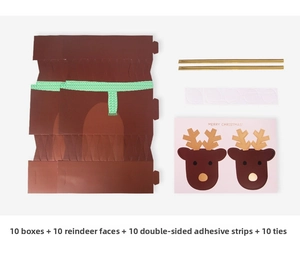 DIY Christmas gift box set including reindeer cards, brown boxes and golden ties 10 pieces