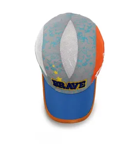 Close-up of quick-dry kids baseball cap featuring breathable white mesh and Brave embroidery