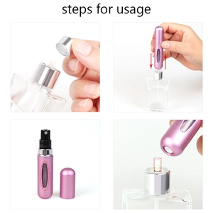Guide showing steps to refill the pink metallic portable perfume spray bottle via bottom valve